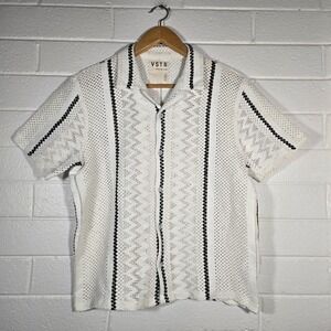 VSTR Crochet Knit Shirt Mens Large Striped Cabana Sheer Resortwear Spring Beach